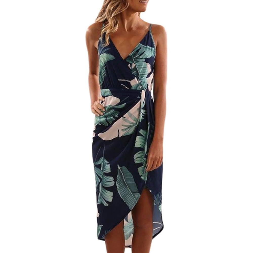 Womens Tropical Leaf Print Midi‎ Dress Navy Blue Pink Green Spaghetti Strap M